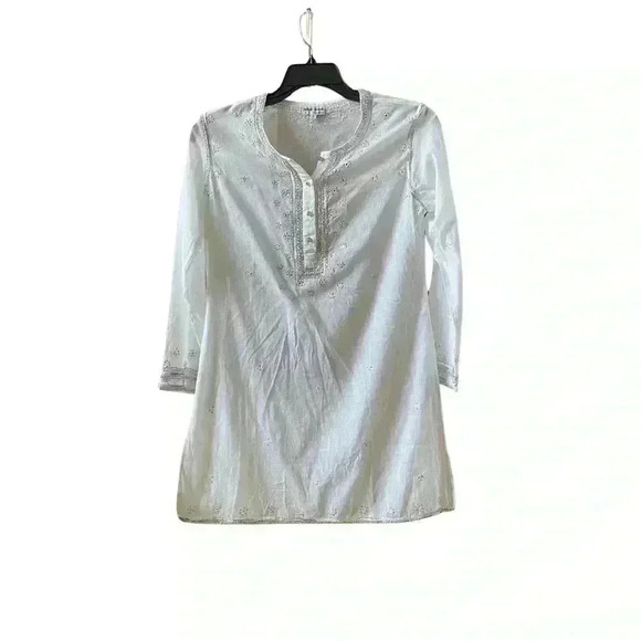 Juliet Dunn White Embroidered 3/4 Sleeves Delicate Tunic Shirt Sz 2 US 6/8. - Picture 1 of 14